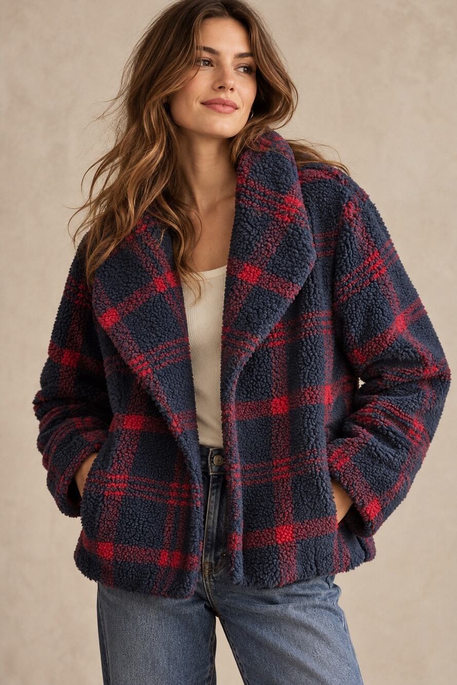 Sanctuary Red Blue Plaid Faux Sherpa Teddy Bear Fleece Jacket – Medium